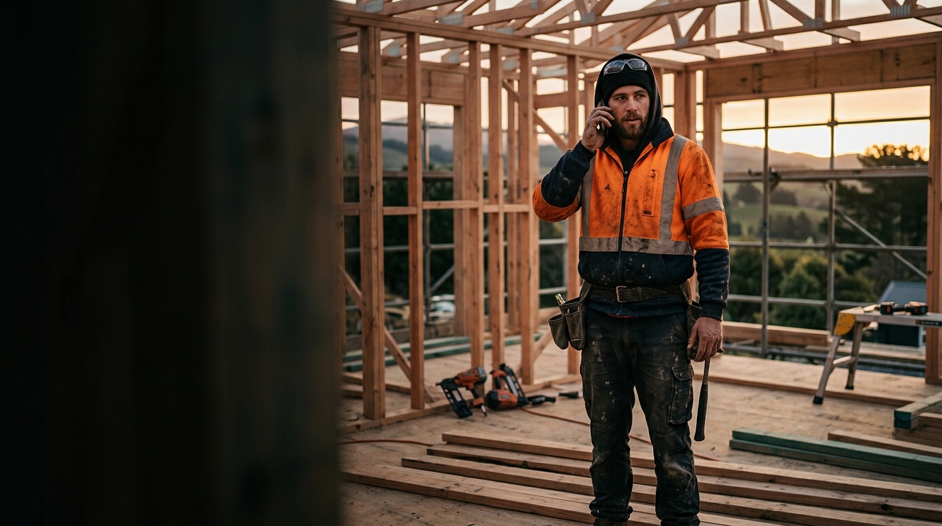 A New Zealand tradie on the phone on a build site