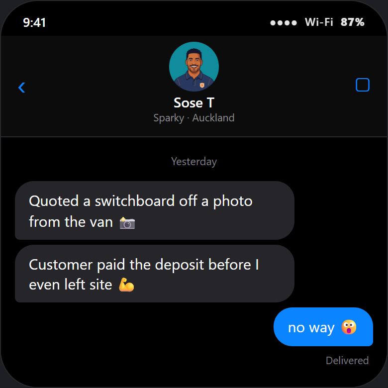 Sose T, sparky in Auckland, texting about AgentBuddy