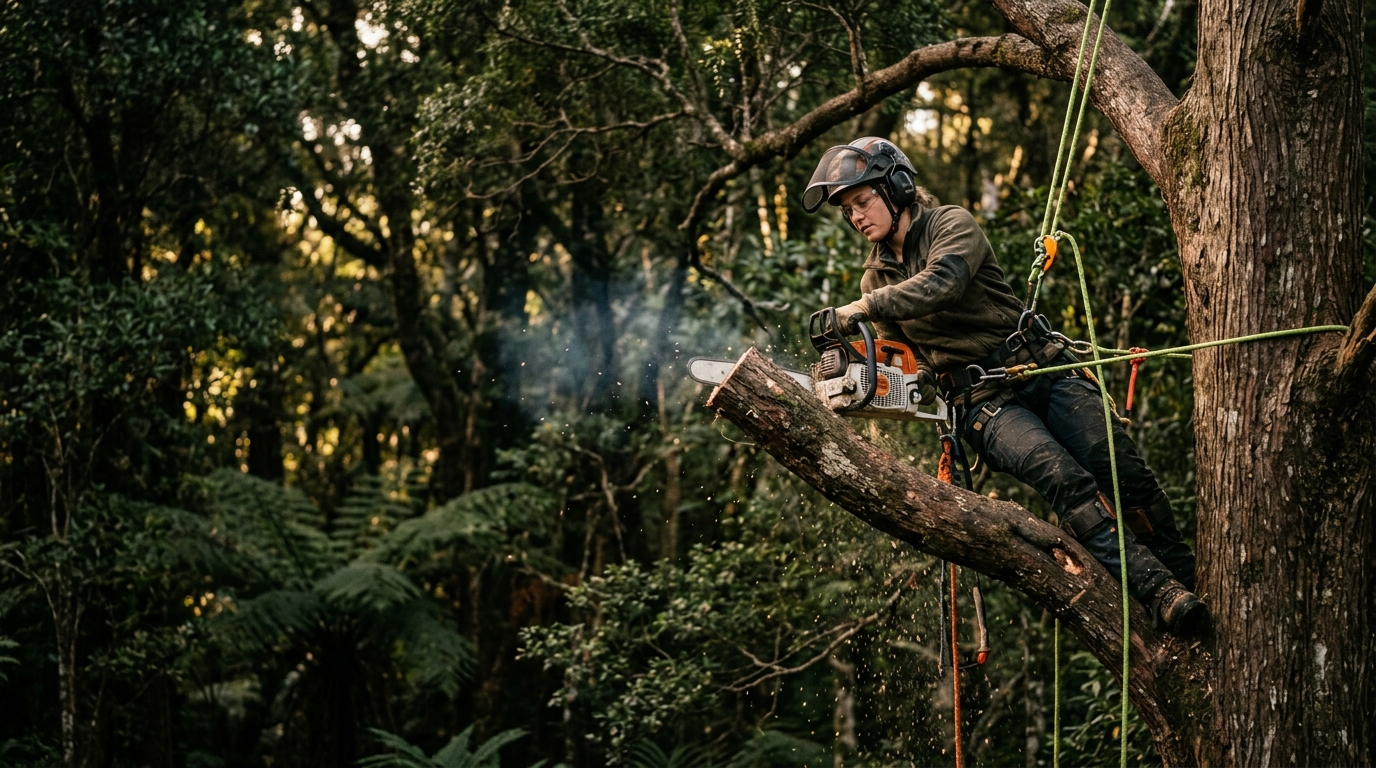 A New Zealand arborist on the job