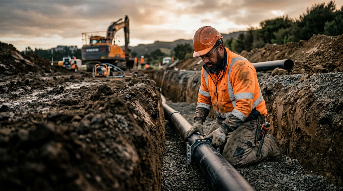 A New Zealand drainlayer on the job