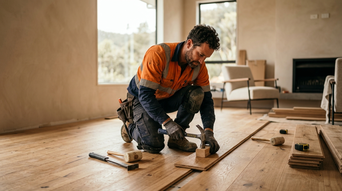 A New Zealand flooring installer on the job